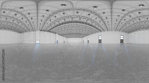 3d gallery emty room illustration, panorama of the room and interior design for business room. 3D illustration and rendering