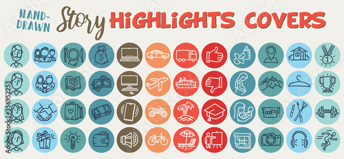 Instagram Highlights Stories Covers. Hand-drawn line icons and color palette. Characters and family, travel and transport, sport, pregnancy moms. Vector