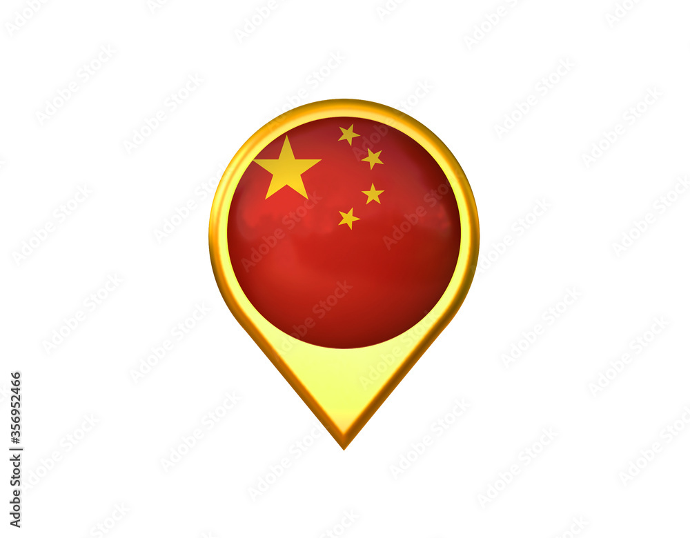 China flag location marker icon. Isolated on white background. 3D illustration, 3D rendering China flag location marker icon. Isolated on white background. 3D illustration, 3D rendering