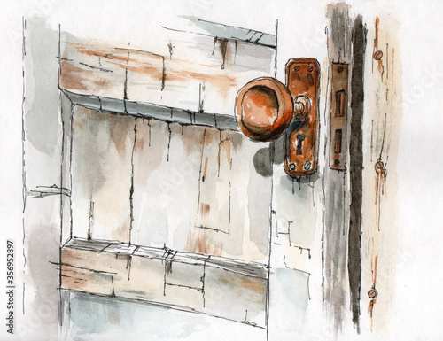 Watercolor sketch of an old wooden woor with an old paint and copper handle