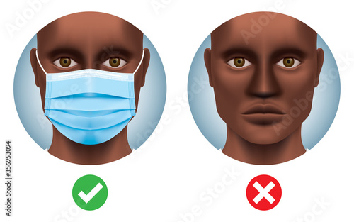 Black man with and without a surgical face mask. Covid-19 safety measures vector illustration. Corona virus restrictions design, for building entrance banner or sticker. Virus protection standards.