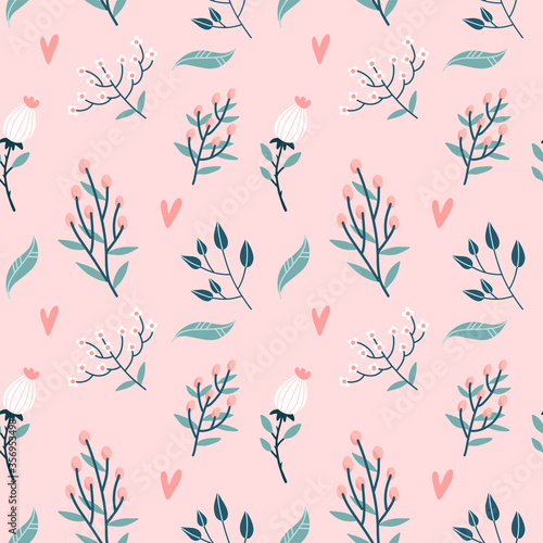 Floral seamless pattern. Garden flowers branches, buds and hearts on pastel pink background. Roses blossom bud with leaves and wildflowers twigs decorative backdrop. Vector flat illustration.