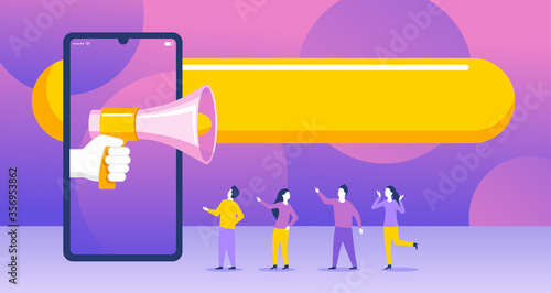 Web internet promo advertising or referral program banner - group of small people stay around phone with loudspeaker and human hand - vector creative illustration 