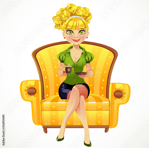 Blond girl with coffee sit in yellow armchair