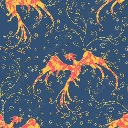 Seamless vector pattern with fire bird on blue background. Beautiful phoenix wallpaper design. Mythical fabric fashion.