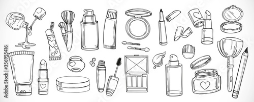 Big set of doodles on cosmetics  cream,eye shadow, face powder, brush, foundation cream, mascara on a white background