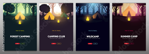 Set of Posters. Summer camp. Travel and Adventure. Sunset in the forest. Climbing, Trekking, Hiking, Walking. Campfire Nature landscape.