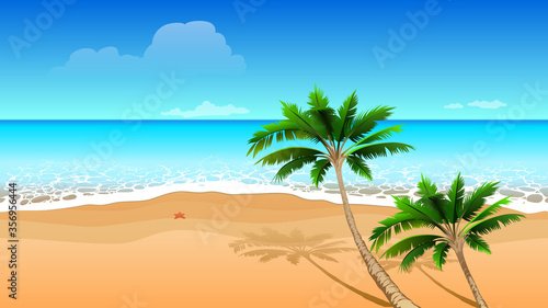 Clear blue sea, two coconut palm tree on sandy beach. Seamless horizontal tropical landscape