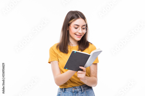 Photo of woman holding diary in hands having creative idea noticing at on paper isolated on white background