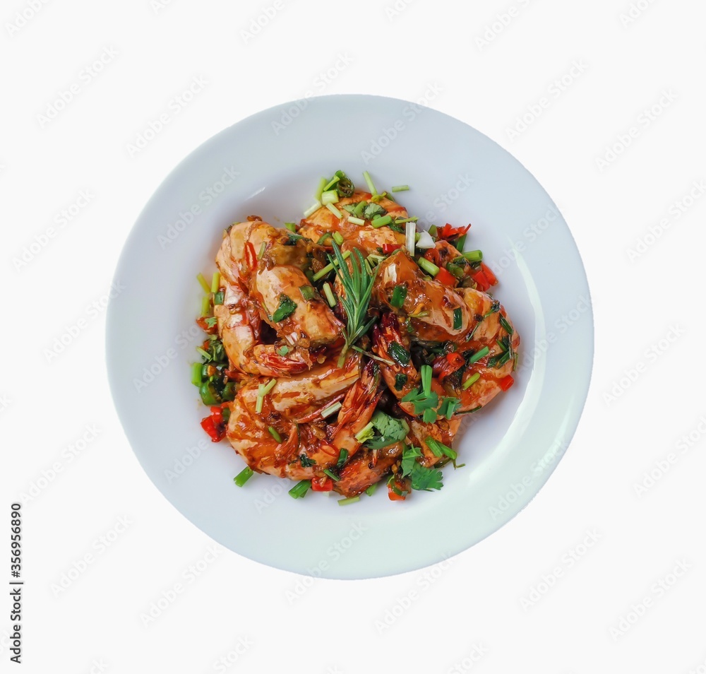 Stir Fried Prawns with Salt,garlic and Chili in white dish on white background, isolated Stir Fried Prawns with Salt,garlic and Chili in white dish on white background, isolated