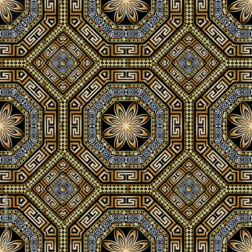 Greek gold silver 3d vector seamles pattern. Geometric ornamental luxury background. Beautiful modern greek key meanders ornament. Ethnic tribal style floral design. Frames, flowers, shapes, lines
