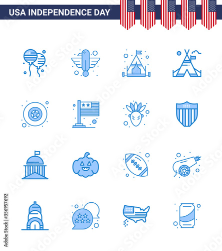 Modern Set of 16 Blues and symbols on USA Independence Day such as military; american; state; camp; tent free photo