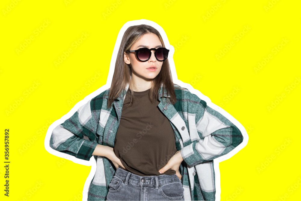 Collage in magazine style with colorful girl in sunglasses on toned yellow background Collage in magazine style with colorful girl in sunglasses on toned yellow background