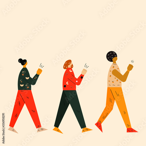 Group of people protesting. Three young female characters walking and protesting against racism