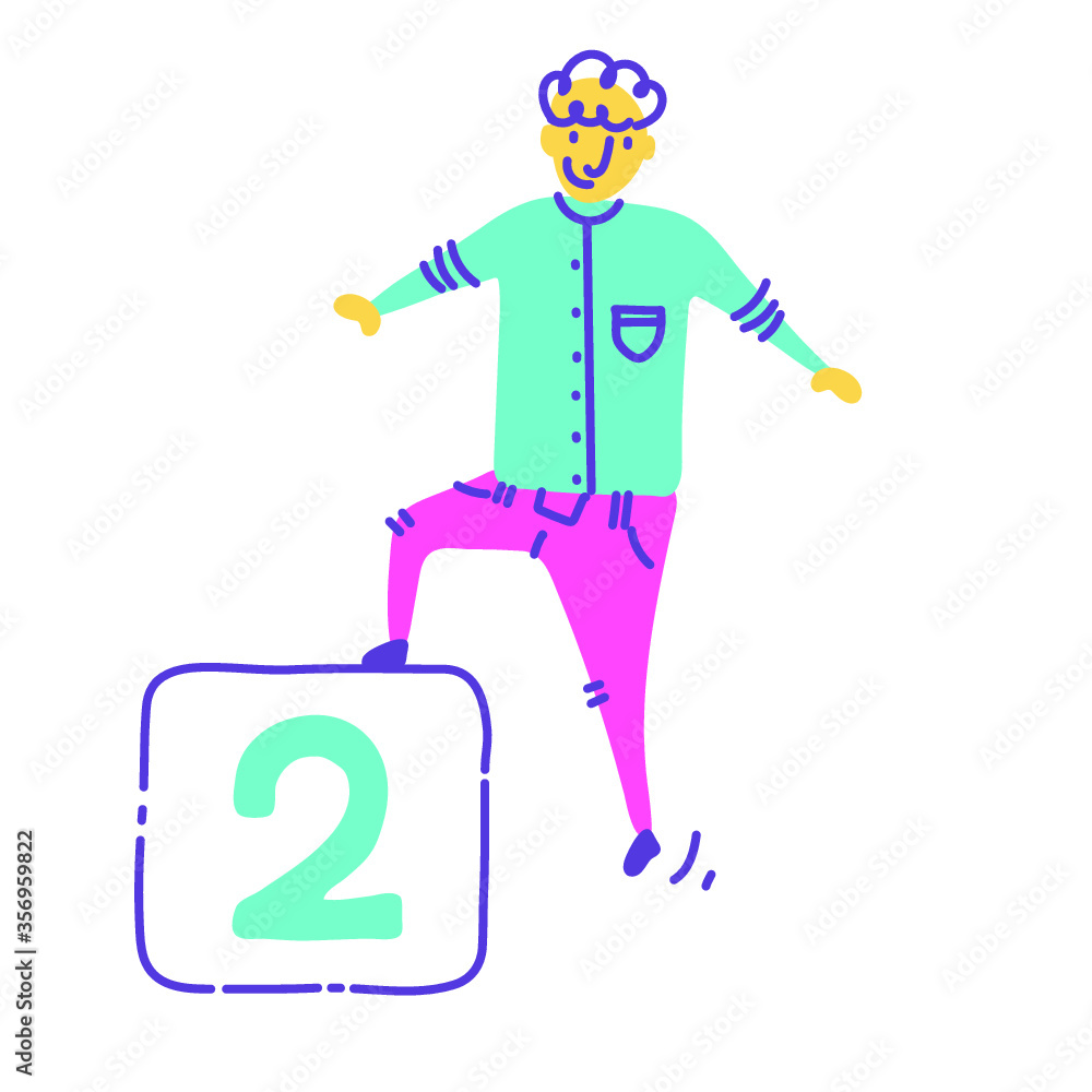 Colorful fun dynamic character stepping a number 2 box, vector illustration  isolated on white background
