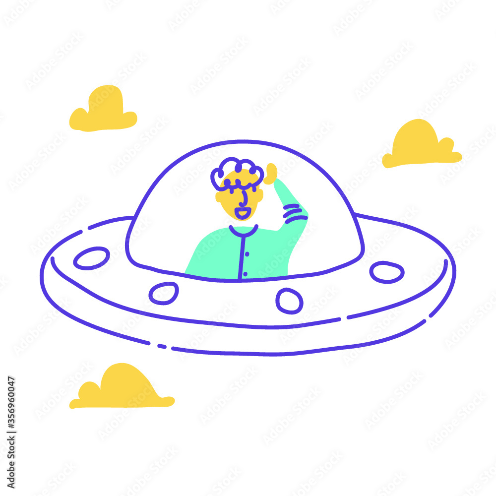 Colorful fun dynamic character in a ufo vector illustration  isolated on white background