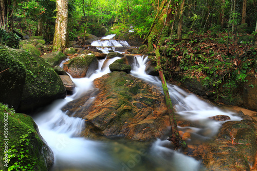A long exposure image of a waterfall flowing through green forest