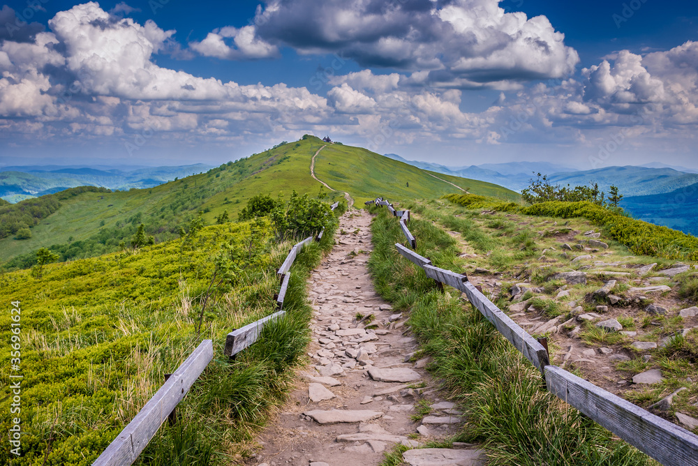 Path to mountain shelter on a trail of Wetlina Polonyna montane meadow in Bieszczady Mountains, Poland