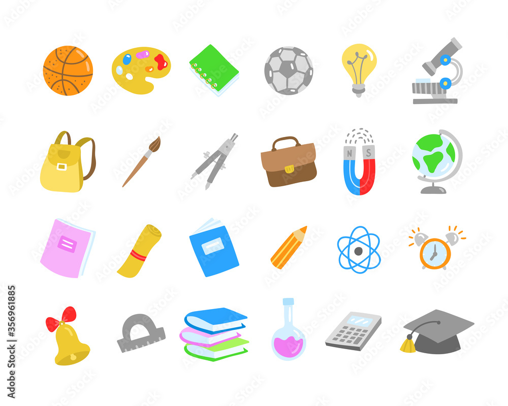 Study vector set. Back to school cute objects illustrations isolated on white background. Learning kids elements Study vector set. Back to school cute objects illustrations isolated on white background. Learning kids elements