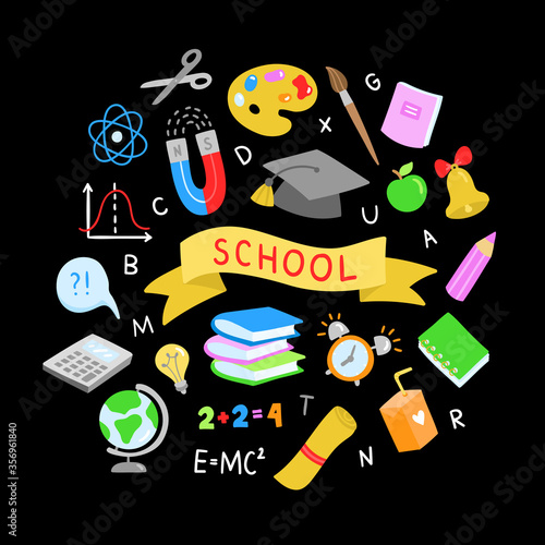 Vector school illustration set. Cute school objects and elements on black background. Learning and education symbols