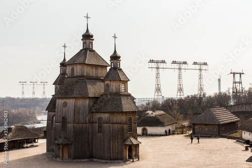 фотографія View of the wooden church in the National Reserve Zaporizhzhia Sich on the island of Khortytsia in Zaporizhzhia
