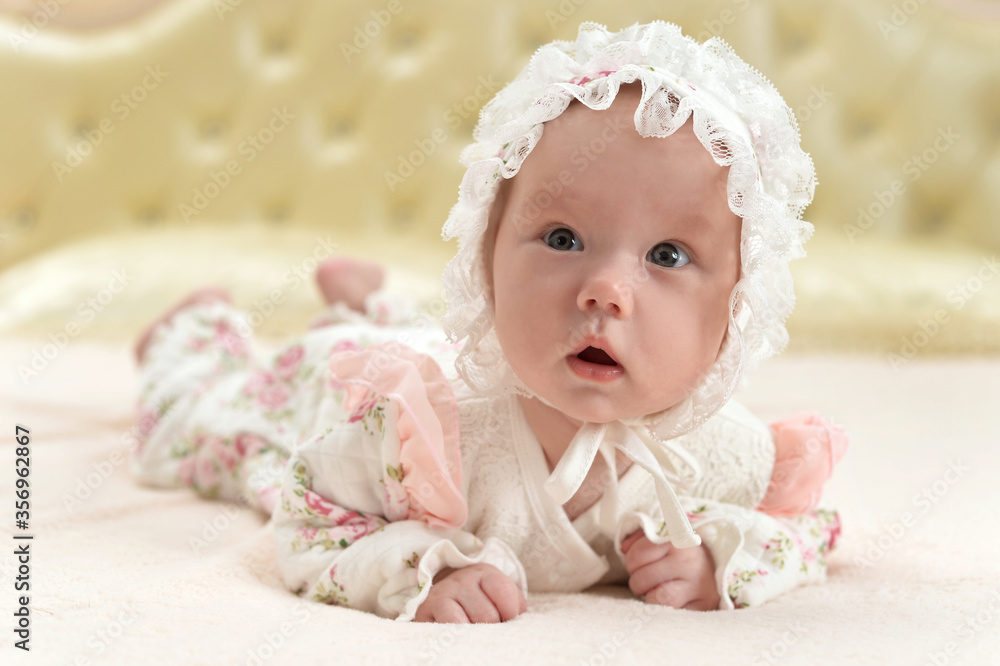 Portrait of cute little baby girl on bed Portrait of cute little baby girl on bed