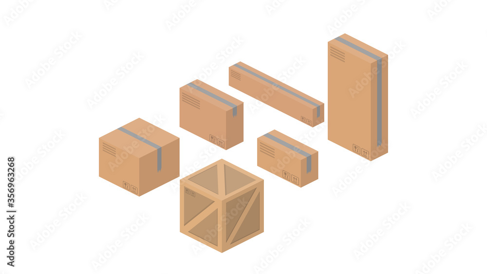 Fototapeta premium Set of isometric cardboard boxes. Good for design on the topic of delivery and freight. Isolated. Vector.