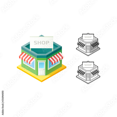 Isometric 3d corner Shop building. Flat store icon. Concept Shopping. Vector Illustration.