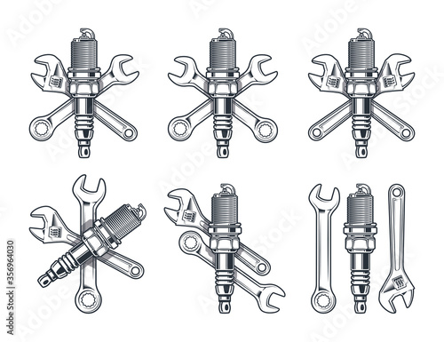Wrench, adjustable wrench and spark plug. Repair tools icon isolated on white background.