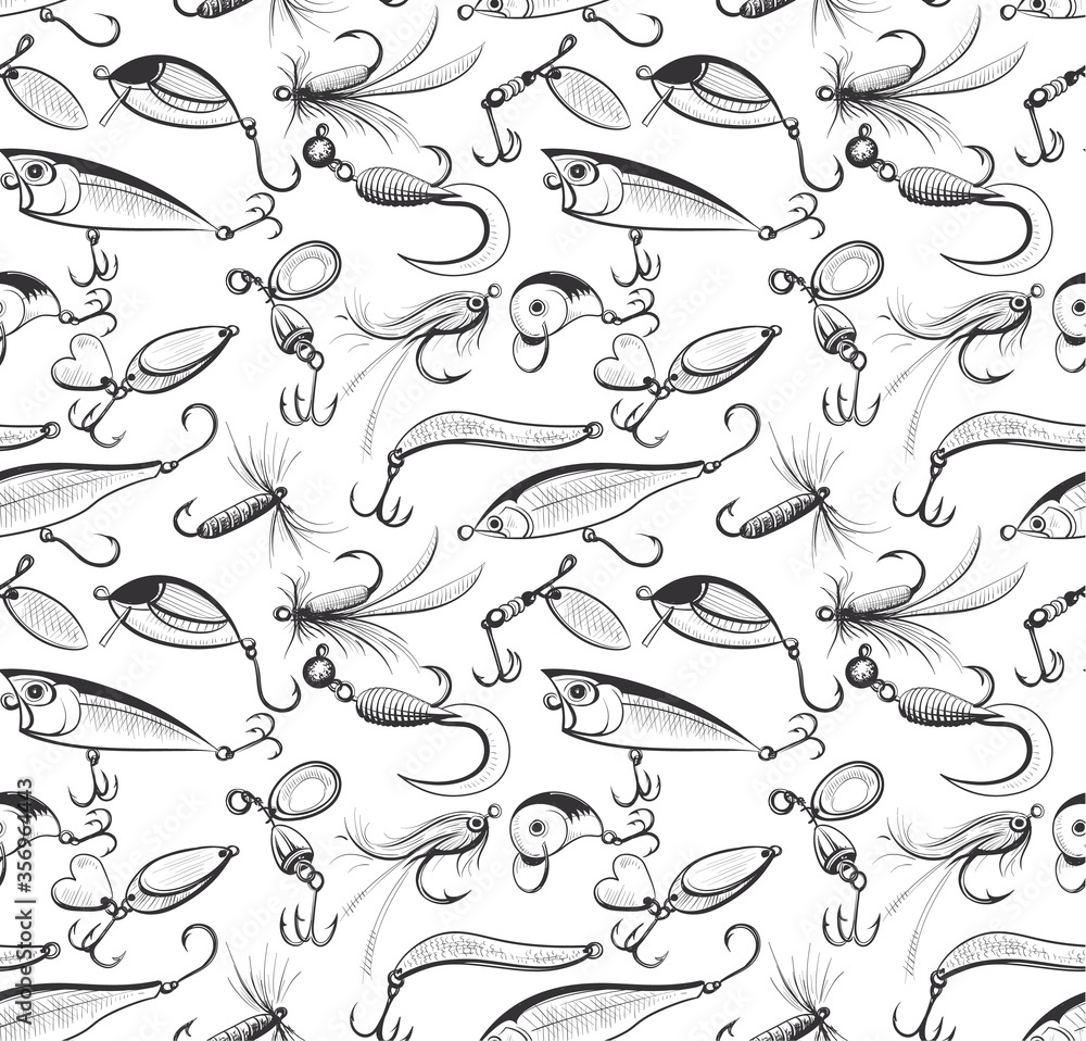 Fishing and fly fishing lures seamless pattern. Background or texture for  your design. Sketch style vector illustration on white background. Stock  Vector
