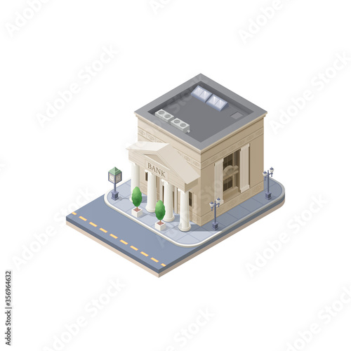 Bank architecture public building with environment. Symbol of finance, confidence and security. Icon isometric style. Vector illustration isolated on white background.