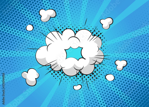 Cartoon superhero bubble dialog scenes on blue background. Vector funny comics scrapbook page with cloud and speech bubble. Comic page layout. Symbols and sound effects.