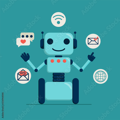 Flat vector illustration: Chatbot concept on blue background. The bot answers user questions.