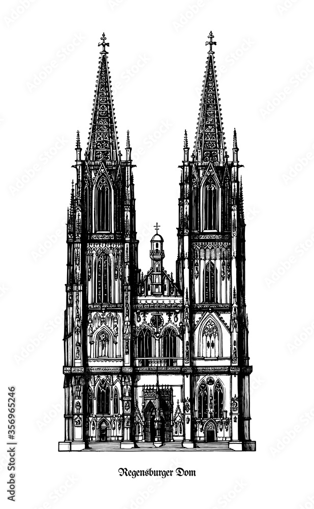 Regensburg Cathedral (Dom St. Peter or Regensburger Dom) landmark for the city of Regensburg - example of Gothic architecture within the German state of Bavaria - black and white vector illustration