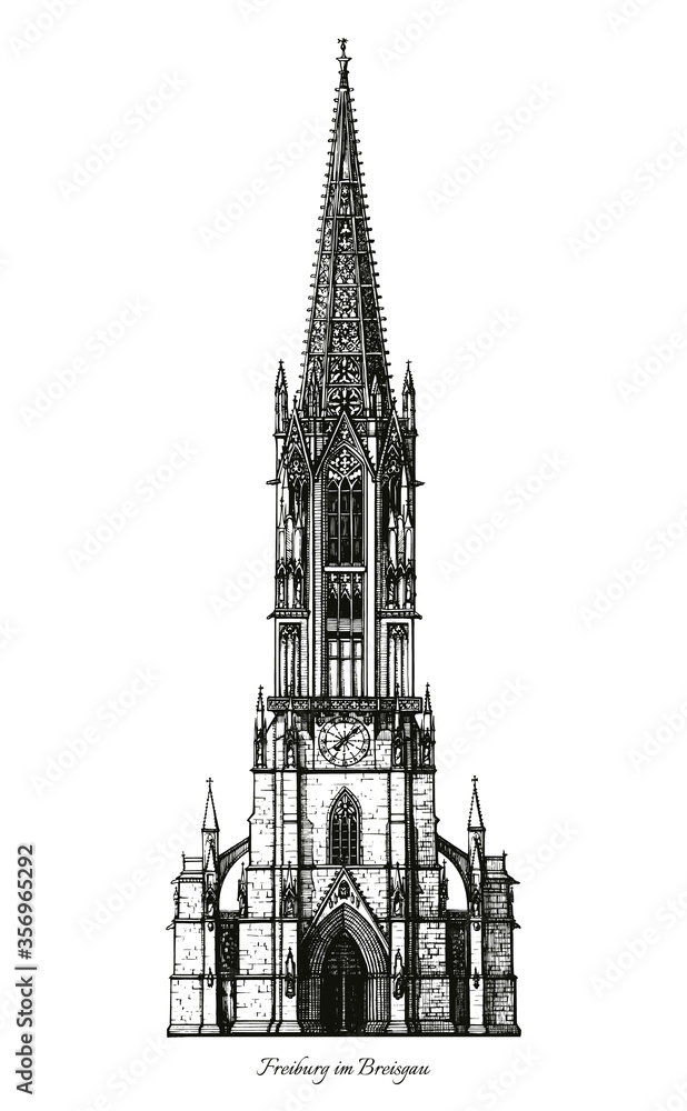 Freiburg Minster (Freiburger Munster) - cathedral of Freiburg im Breisgau, southwest Germany - middle age gothic architecture style christian church - black and white hand drawn vector illustration Freiburg Minster (Freiburger Munster) - cathedral of Freiburg im Breisgau, southwest Germany - middle age gothic architecture style christian church - black and white hand drawn vector illustration