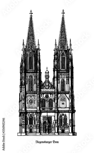 Regensburg Cathedral (Dom St. Peter or Regensburger Dom) landmark for the city of Regensburg - example of Gothic architecture within the German state of Bavaria - black and white vector illustration