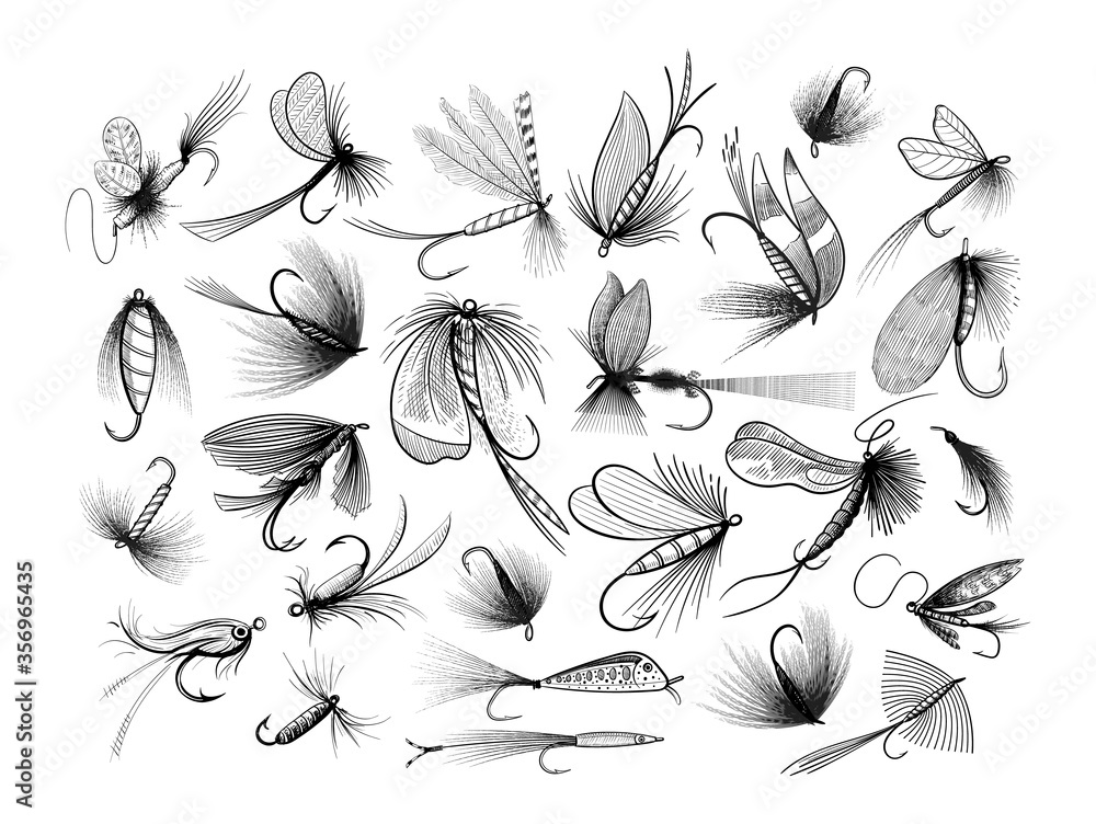 Fly fishing flies - various kinds: wet, dry, sinking, floating, streamers,  nymphs and others - big collection of fishing lures - black and white  vector illustration isolated on white background Stock Vector