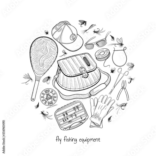 Fly fishing equipment collection - creel, landing net, reel, fly box, apparel, flies and other devices - big set with hand drawn fishing gear elements - outline vector illustration on white background