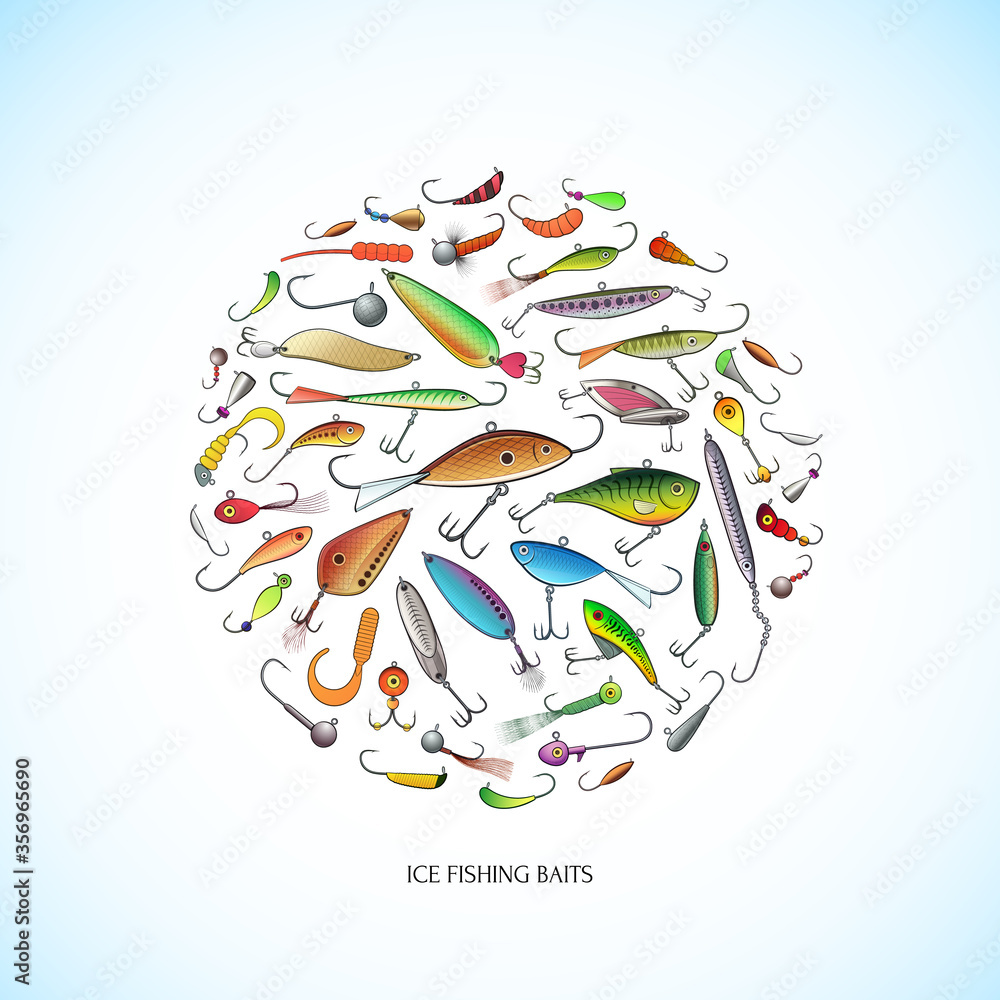 Ice fishing baits collection - jigs and jig heads, metal jigging spoons,  balanced fish-profile lures and other vertical lures - big set of fishing  devices. Outline color vector illustration Stock Vector