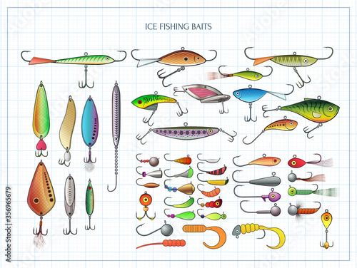 Ice fishing baits collection - jigs and jig heads, metal jigging spoons, balanced fish-profile lures and other vertical lures - big set of fishing devices. Outline color vector illustration photo