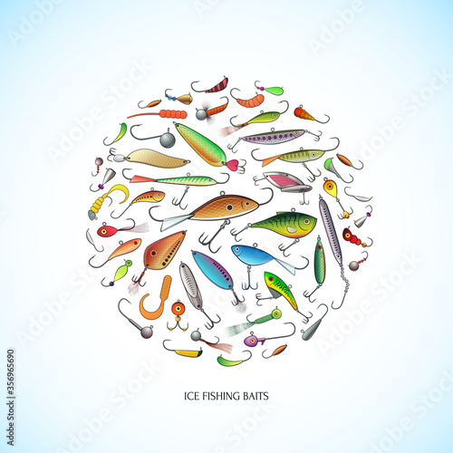 Ice fishing baits collection - jigs and jig heads, metal jigging spoons, balanced fish-profile lures and other vertical lures - big set of fishing devices. Outline color vector illustration