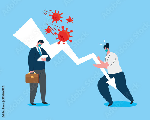 coronavirus crash, covid 19 economy collapse, business couple wearing medical mask, bankruptcy concept vector illustration design