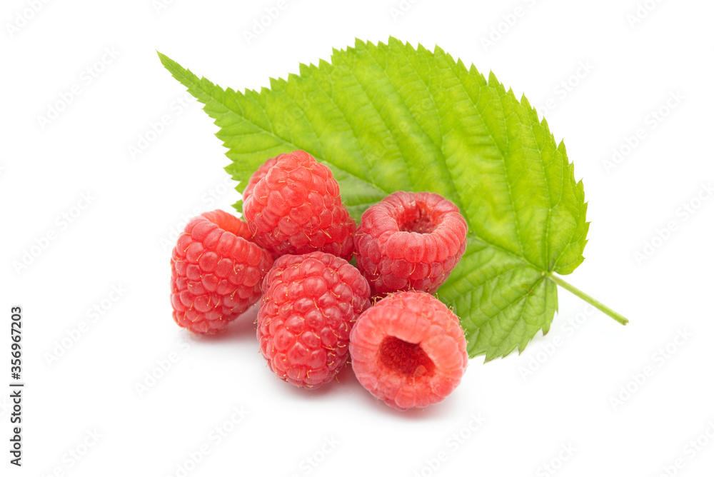 Raspberry with leaf isolated on white background Raspberry with leaf isolated on white background