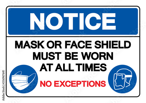 Notice Mask Or Face Shield Must Be Worn At All Time No Exceptions Symbol Sign ,Vector Illustration, Isolate On White Background Label. EPS10