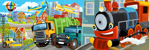 cartoon happy and funny scene of the middle of a city with dumper and train locomotive