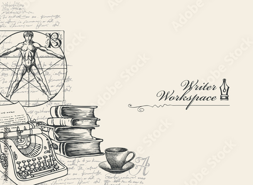 Writer workspace. Vector banner on a writers theme with sketches and place for text. Artistic illustration with hand-drawn typewriter, books, cup and unreadable handwritten notes in retro style