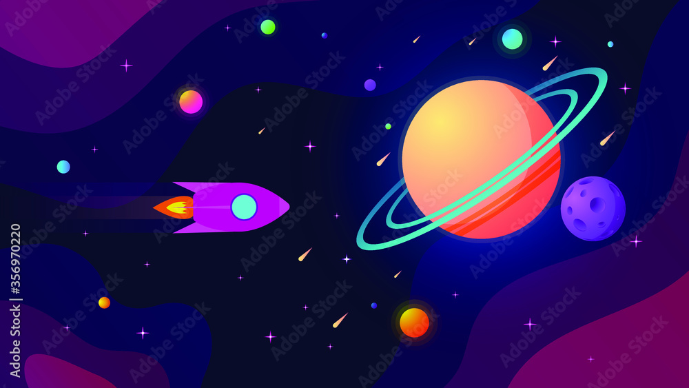 Naklejka premium Outer space with planets, stars, comets and flying rocket. 