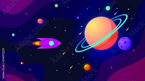 Outer space with planets, stars, comets and flying rocket.
