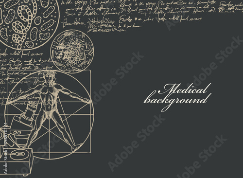 Medical background with inscription, drawings, illegible scribbles and place for text. Hand-drawn vector illustration in retro style on the theme of medicine, biology, virology on the black backdrop.