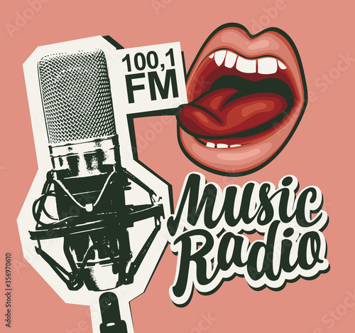 Music radio FM broadcasting concept. Vector banner in retro style for music radio station with microphone, sexy girls lips and inscription on pink background. Suitable for poster, advertising, flyer